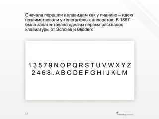 Сначала перешли к клавишам как у пианино – идею позаимствовали у телеграфных аппаратов. В 1867 была запатентована одна из первых раскладок клавиатуры от Scholes и Glidden:1 3 5 7 9 N O P Q R S T U V W X Y Z2 4 6 8 . A B C D E F G H I J K L M57