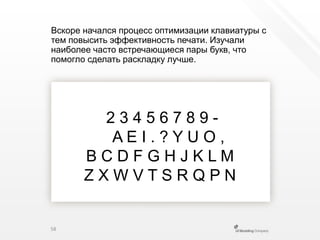 Вскоре начался процесс оптимизации клавиатуры с тем повысить эффективность печати. Изучали наиболее часто встречающиеся пары букв, что помогло сделать раскладку лучше. 2 3 4 5 6 7 8 9 -    A E I . ? Y U O ,B C D F G H J K L MZ X W V T S R Q P N58