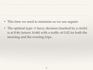 32
• This time we need to minimise so we use argmin
• The optimal type--1 fuzzy decision (marked by a circle)
is at 8:46 (return 16:46) with a trafﬁc of 0.42 for both the
morning and the evening trips.
 