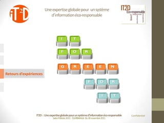 Une expertise globale pour un système
                           d’information éco-responsable




Retours d’expériences




                 IT2D : Une expertise globale pour un système d’information éco-responsable   Confidentiel
                               Salon Pollutec2011 : Conférence du 30 novembre2011
 