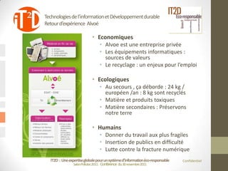 Technologies de l’information et Développement durable
Retour d’expérience Alvoé

                            • Economiques
                                 • Alvoe est une entreprise privée
                                 • Les équipements informatiques :
                                   sources de valeurs
                                 • Le recyclage : un enjeux pour l’emploi

                            • Ecologiques
                                 • Au secours , ça déborde : 24 kg /
                                   européen /an : 8 kg sont recyclés
                                 • Matière et produits toxiques
                                 • Matière secondaires : Préservons
                                   notre terre

                            • Humains
                                 • Donner du travail aux plus fragiles
                                 • Insertion de publics en difficulté
                                 • Lutte contre la fracture numérique
  IT2D : Une expertise globale pour un système d’information éco-responsable   Confidentiel
                Salon Pollutec2011 : Conférence du 30 novembre2011
 