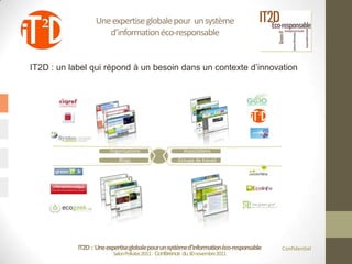 Une expertise globale pour un système
                      d’information éco-responsable


IT2D : un label qui répond à un besoin dans un contexte d’innovation




                        Organisations                    Associations
                            Blogs                     Groupe de travail




            IT2D : Une expertise globale pour un système d’information éco-responsable   Confidentiel
                          Salon Pollutec2011 : Conférence du 30 novembre2011
 