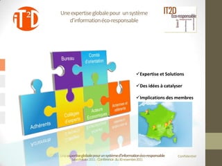 Une expertise globale pour un système
          d’information éco-responsable




                                                           Expertise et Solutions

                                                           Des idées à catalyser

                                                           Implications des membres




IT2D : Une expertise globale pour un système d’information éco-responsable     Confidentiel
              Salon Pollutec2011 : Conférence du 30 novembre2011
 