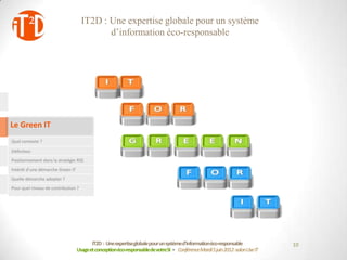 IT2D : Une expertise globale pour un système
                                            d’information éco-responsable




Le Green IT
Quel contexte ?

Définition
Positionnement dans la stratégie RSE
Intérêt d’une démarche Green IT
Quelle démarche adopter ?
Pour quel niveau de contribution ?




                                         IT2D : Une expertiseglobale pour un systèmed’informationéco-responsable             10
                                  Usage et conceptionéco-responsablede votreSI - Conférence Mardi 5 juin 2012-salon Use IT
 