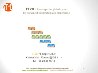 IT2D : Une expertise globale pour
  Un système d’information éco-responsable




                  IT2D  http://it2d.fr
       Contact Mail : Contact@it2d.fr                              -
             Tél : 06 24 88 15 13

       IT2D : Une expertiseglobale pour un systèmed’informationéco-responsable             29
Usage et conceptionéco-responsablede votreSI - Conférence Mardi 5 juin 2012-salon Use IT
 