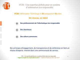 IT2D : Une expertise globale pour un système
                  d’information éco-responsable

     IT2D : Information Technologie & Développement Durable

                                Un réseau, un label

              Des professionnels de l’informatique éco-responsable


              Des chercheurs


              Des valeurs communes




Des principes d’engagement, de transparence et de cohérence en font un
réseau d’experts investit dans une communauté de service.

                IT2D : Une expertiseglobale pour un systèmed’informationéco-responsable             4
         Usage et conceptionéco-responsablede votreSI - Conférence Mardi 5 juin 2012-salon Use IT
 