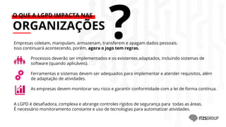 O QUE A LGPD IMPACTA NAS
ORGANIZAÇÕES
Empresas coletam, manipulam, armazenam, transferem e apagam dados pessoais.
Isso continuará acontecendo, porém, agora o jogo tem regras.
Processos deverão ser implementados e os existentes adaptados, incluindo sistemas de
software (quando aplicáveis).
Ferramentas e sistemas devem ser adequados para implementar e atender requisitos, além
de adaptação de atividades.
As empresas devem monitorar seu risco e garantir conformidade com a lei de forma contínua.
A LGPD é desafiadora, complexa e abrange controles rígidos de segurança para todas as áreas.
É necessário monitoramento constante e uso de tecnologias para automatizar atividades.
?
 