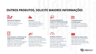 Gestão de Políticas
Elaboramos políticas e
normas de segurança para
toda a organização.
Pentest
Realizamos testes de
segurança e descobrimos
vulnerabilidades técnicas
na infraestrutura.
Conscientização &
CyberSec Endomarketing
Treinamos seus colaboradores
com as melhores práticas de
segurança para criar uma cultura
de segurança.
Treinamentos e
Certificações
Capacitamos e certificamos
sua equipe com certificações
com alto reconhecimento de
mercado.
Gap Analysis, Auditorias de
Segurança e Privacidade
Realizamos auditorias de
segurança com base nas melhores
práticas de mercado (ISO27001,
ISO27701, COBIT, PCI-DSS,
ISO29100, entre outros)
Testes de Phishing
Testamos seus colaboradores
com as táticas mais elaboradas
de ataques de Phishing,
trazendo métricas e estatísticas
reais de risco que sua
organização está exposta.
Análises de Risco
Realizamos análises de risco
com base nos principais
frameworks de segurança do
mercado e obtenha
recomendações e planos de
ação claros para remediação
dos riscos encontrados.
Soluções de Segurança
Comercializamos soluções de
segurança dos principais
fabricantes e fornecedores de
segurança do mercado. Confira
nossas parcerias.
OUTROS PRODUTOS, SOLICITE MAIORES INFORMAÇÕES
 