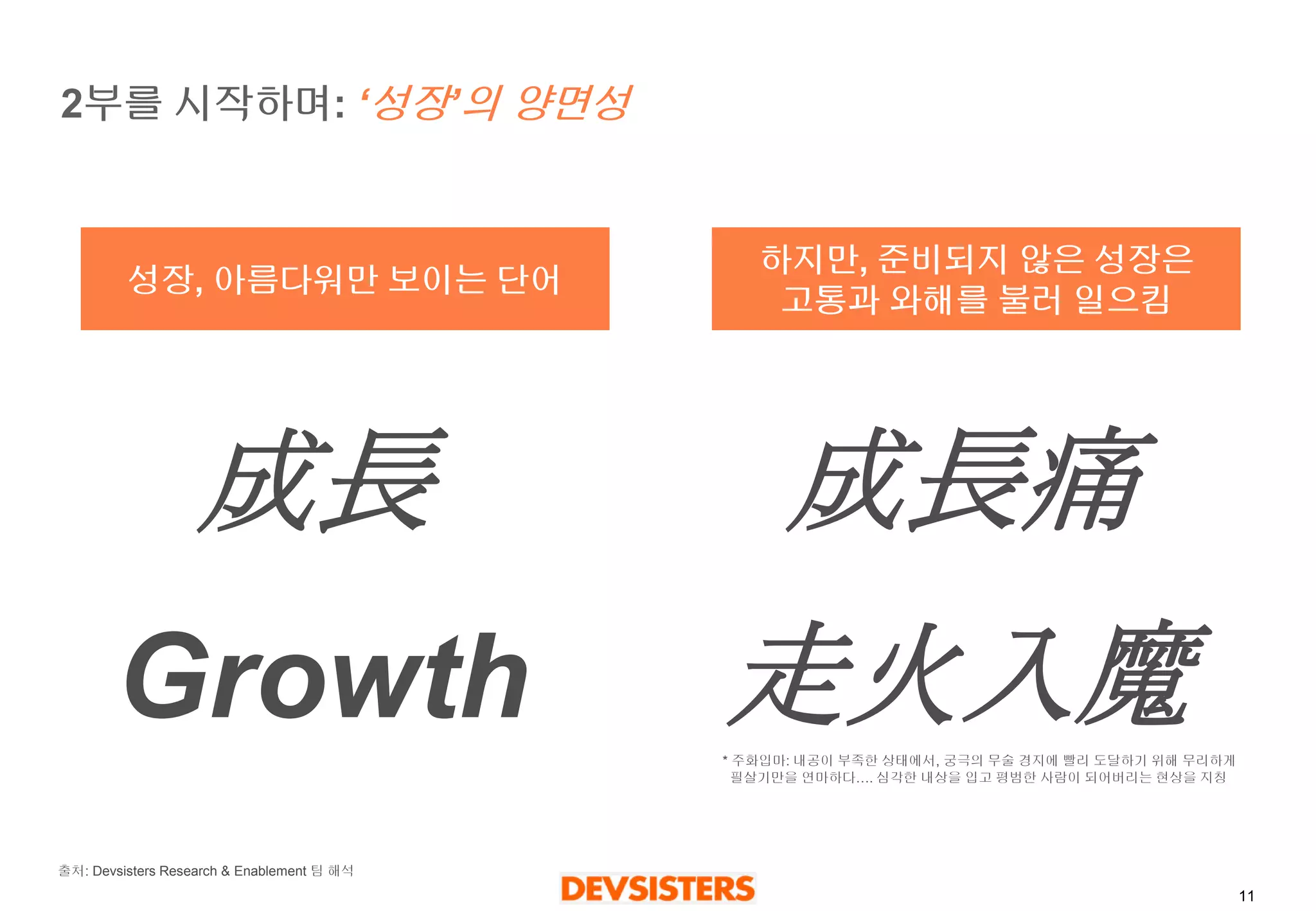 11 
2부를시작하며: ‘성장’의양면성 
성장, 아름다워만보이는단어 
하지만, 준비되지않은성장은 
고통과와해를불러일으킴 
成長 
Growth 
成長痛 
走火入魔 
* 주화입마: 내공이부족한상태에서, 궁극의무술경지에빨리도달하기위해무리하게필살기만을연마하다…. 심각한내상을입고평범한사람이되어버리는현상을지칭 
출처: DevsistersResearch & Enablement팀해석  
