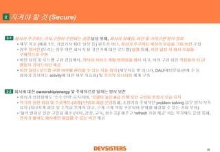 35 
지켜야할것(Secure) 
회사가추구하는가치구현이수반되는성장달성위해, 회사의정체성, 비전및가치구현방식정의 
•재무목표(매출1조, 기업가치10조달성등)위주가아닌, 회사가추구하는세상의모습을그린비전수립 
•향후청사진(우리는향후어떤회사가될것인가에대한로드맵) 설계통해, 비전달성시회사모습을구체적으로구현 
•비전달성및로드맵구현관점에서, 자사의서비스개발방향성을제시하고, 이의구현위한직원들의사고/ 행동의가이드라인제공 
•비전달성/ 로드맵구현여부를관리할수있는지표정의(재무지표뿐아니라, DAU/재방문율/관계수등회사가중시하는activity에대한세부지표화) 및주기적모니터링체계구축 
회사에대한ownership/energy 및주체적으로일하는방식보존 
•회사가성장함에도‘소수인력’ 유지하여,‘로열티높은A급인재‘로만구성된초창기모습유지 
•적극적권한위임및프로젝트(과제) 단위의과업운영통해, 초창기의주체적인problem solving 업무방식지속유지(지나치게과업및조직을쪼개지않고, 크게크게역할구분하여문제를해결할수있는기회부여) 
•‘삶의변화로인한고민을해소(육아, 건강, 교육, 청소등)’ 해주고‘refresh 기회제공’하는복지제도운영통해, 연차가쌓여도회사에만몰입할수있는여건제공 
2 
2-1 
2-2  