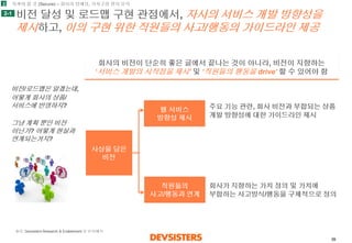 39 
비전달성및로드맵구현관점에서, 자사의서비스개발방향성을제시하고, 이의구현위한직원들의사고/행동의가이드라인제공 
회사의비전이단순히좋은글에서끝나는것이아니라, 비전이지향하는‘서비스개발의시작점을제시’및‘직원들의행동을drive’ 할수있어야함 
사상을담은 
비전 
웹서비스 
방향성제시 
직원들의 
사고/행동과연계 
주요기능관련, 회사비전과부합되는상품개발방향성에대한가이드라인제시 
회사가지향하는가치정의및가치에부합하는사고방식/행동을구체적으로정의 
2 
2-1 
비전/로드맵은알겠는데, 
어떻게회사의상품/ 서비스에반영하지? 
그냥계획뿐인비전아닌가? 어떻게현실과연계되는거지? 
지켜야할것(Secure) –회사의정체성, 가치구현방지유지 
출처: Devsisters Research & Enablement 팀분석/해석  