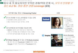 59 
회사내꼭필요하지만부족한경험/역량존재시, 모두가인정할수있는A급Sr. 영입통한경험Leverage(2/2) 
사례 
외부에서Sr. 영입시Screening Factor 
모두가존경할수있고, 받아들일수있는인재 
•시장에서이미검증된인력 
•좋은리더로서높은인지도존재 
기존임직원과유기적협업가능한인재 
•CEO와일정기간이상알고지냈으며, 상호간성향을알고맞춰갈수있는인재 
•조직의방식/문화를존중할줄아는성품 
함께Risk Taking 할수있는인재(Early involve) 
•예: 샌드버그는Facebook이500명이던시절, Google 부사장직을버리고Facebook 합류 
3 
3-1 
셰릴샌드버그 
•前Google의온라인세일즈부사장 
•’08년입사(FB 약500명시절) 
•現Facebook COO (Sales 및해외확장전담) 
Dennis Woodside 
•前모토롤라CEO 
•’14년입사(Dropbox 500명) 
•前Dropbox COO (조직재정비/ 글로벌확장전담) 
보완해야할것(Leverage) –회사내필요하지만부족한경험보완 
출처:Devsisters Research & Enablement 팀해석/인사이트  