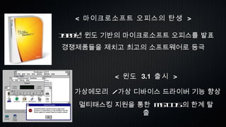 <  마이크로소프트 오피스의 탄생  > 1989 년 윈도 기반의 마이크로소프트 오피스를 발표 경쟁제품들을 제치고 최고의 소프트웨어로 등극 <  윈도  3.1  출시  > 가상메모리  /  가상 디바이스 드라이버 기능 향상 멀티태스킹 지원을 통한  MS-DOS 의 한계 탈출 