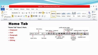 Home Tab
“Home Tab” Have 5 Parts
→ Clipboard
→ Font
→ Paragraph
→ Styles
→ Editing
 
