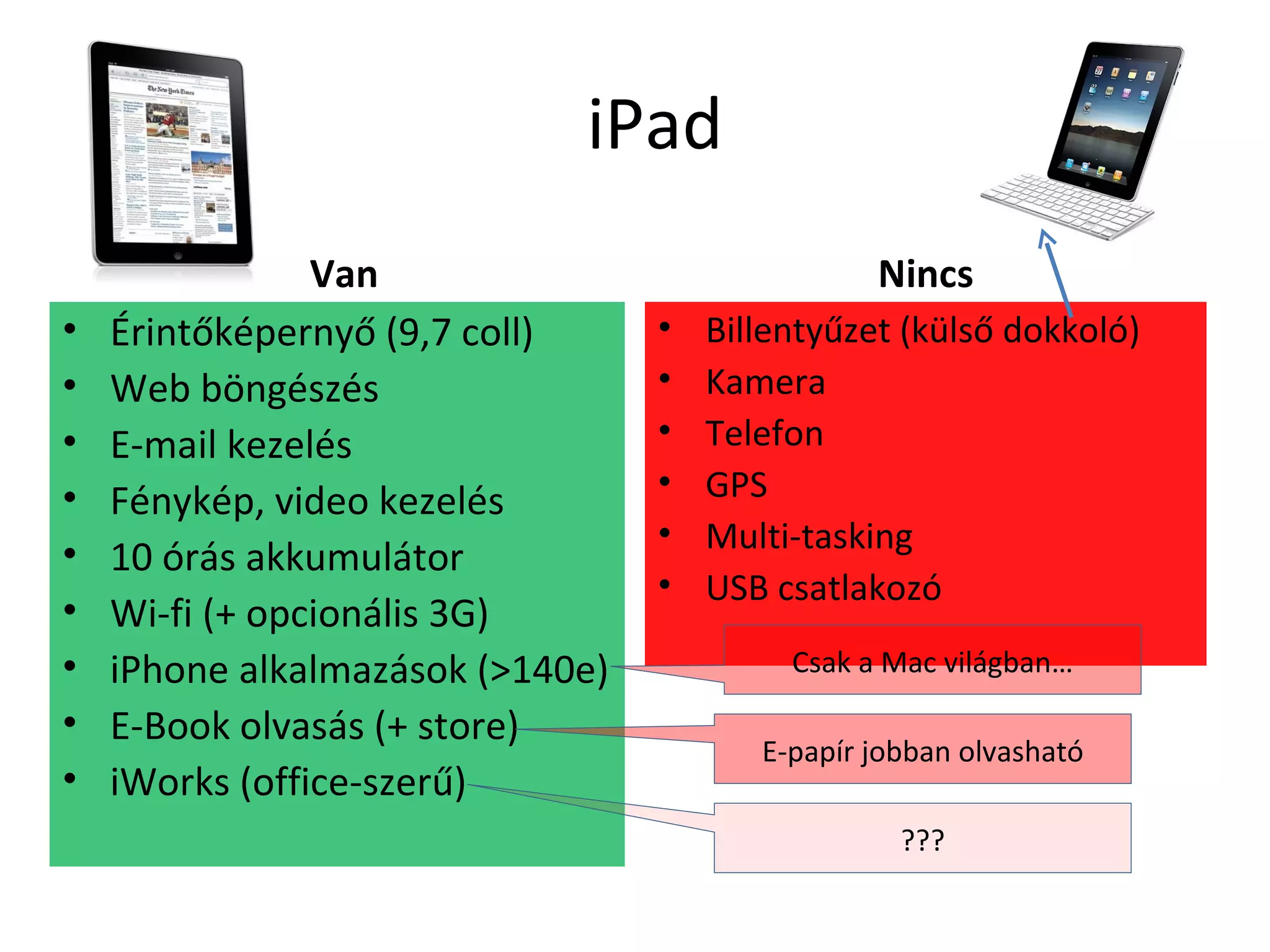 iPad Van Érintőképernyő (9,7 coll) Web böngészés E-mail kezelés Fénykép, video kezelés 10 órás akkumulátor Wi-fi (+ opcionális 3G) iPhone alkalmazások (>140e) E-Book olvasás (+ store) iWorks (office-szerű) Nincs Billentyűzet (külső dokkoló) Kamera Telefon GPS Multi-tasking USB csatlakozó Csak a Mac világban… E-papír jobban olvasható ??? 