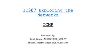 IT307 Exploring the
Networks
ICMP
Presented By:
Kunal_Jangra--A2305219630_5CSE-9Y
Shivam_Tripathi--A2305219629_5CSE-9Y
 