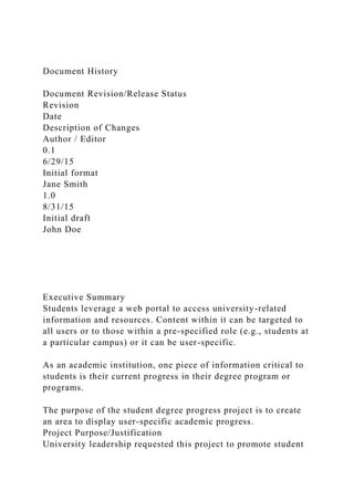 Document History
Document Revision/Release Status
Revision
Date
Description of Changes
Author / Editor
0.1
6/29/15
Initial format
Jane Smith
1.0
8/31/15
Initial draft
John Doe
Executive Summary
Students leverage a web portal to access university-related
information and resources. Content within it can be targeted to
all users or to those within a pre-specified role (e.g., students at
a particular campus) or it can be user-specific.
As an academic institution, one piece of information critical to
students is their current progress in their degree program or
programs.
The purpose of the student degree progress project is to create
an area to display user-specific academic progress.
Project Purpose/Justification
University leadership requested this project to promote student
 