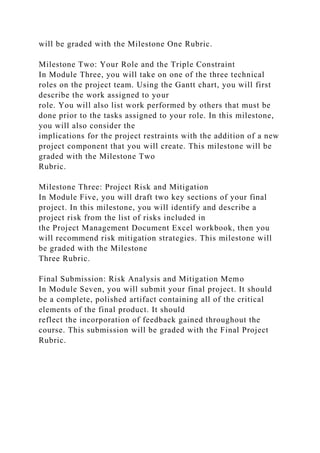 will be graded with the Milestone One Rubric.
Milestone Two: Your Role and the Triple Constraint
In Module Three, you will take on one of the three technical
roles on the project team. Using the Gantt chart, you will first
describe the work assigned to your
role. You will also list work performed by others that must be
done prior to the tasks assigned to your role. In this milestone,
you will also consider the
implications for the project restraints with the addition of a new
project component that you will create. This milestone will be
graded with the Milestone Two
Rubric.
Milestone Three: Project Risk and Mitigation
In Module Five, you will draft two key sections of your final
project. In this milestone, you will identify and describe a
project risk from the list of risks included in
the Project Management Document Excel workbook, then you
will recommend risk mitigation strategies. This milestone will
be graded with the Milestone
Three Rubric.
Final Submission: Risk Analysis and Mitigation Memo
In Module Seven, you will submit your final project. It should
be a complete, polished artifact containing all of the critical
elements of the final product. It should
reflect the incorporation of feedback gained throughout the
course. This submission will be graded with the Final Project
Rubric.
 