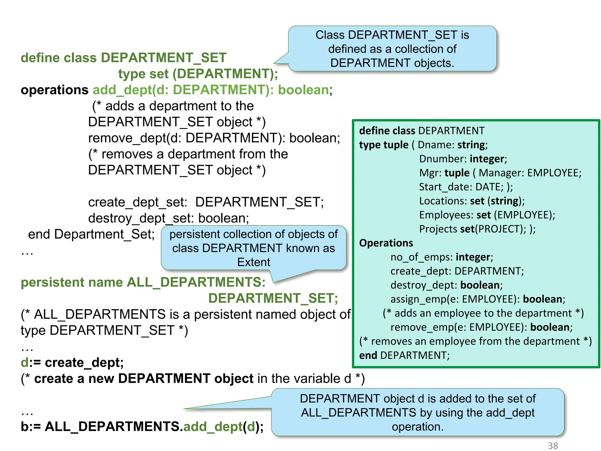 38
define class DEPARTMENT_SET
type set (DEPARTMENT);
operations add_dept(d: DEPARTMENT): boolean;
(* adds a department to the
DEPARTMENT_SET object *)
remove_dept(d: DEPARTMENT): boolean;
(* removes a department from the
DEPARTMENT_SET object *)
create_dept_set: DEPARTMENT_SET;
destroy_dept_set: boolean;
end Department_Set;
…
persistent name ALL_DEPARTMENTS:
DEPARTMENT_SET;
(* ALL_DEPARTMENTS is a persistent named object of
type DEPARTMENT_SET *)
…
d:= create_dept;
(* create a new DEPARTMENT object in the variable d *)
…
b:= ALL_DEPARTMENTS.add_dept(d);
define class DEPARTMENT
type tuple ( Dname: string;
Dnumber: integer;
Mgr: tuple ( Manager: EMPLOYEE;
Start_date: DATE; );
Locations: set (string);
Employees: set (EMPLOYEE);
Projects set(PROJECT); );
Operations
no_of_emps: integer;
create_dept: DEPARTMENT;
destroy_dept: boolean;
assign_emp(e: EMPLOYEE): boolean;
(* adds an employee to the department *)
remove_emp(e: EMPLOYEE): boolean;
(* removes an employee from the department *)
end DEPARTMENT;
persistent collection of objects of
class DEPARTMENT known as
Extent
Class DEPARTMENT_SET is
defined as a collection of
DEPARTMENT objects.
DEPARTMENT object d is added to the set of
ALL_DEPARTMENTS by using the add_dept
operation.
 