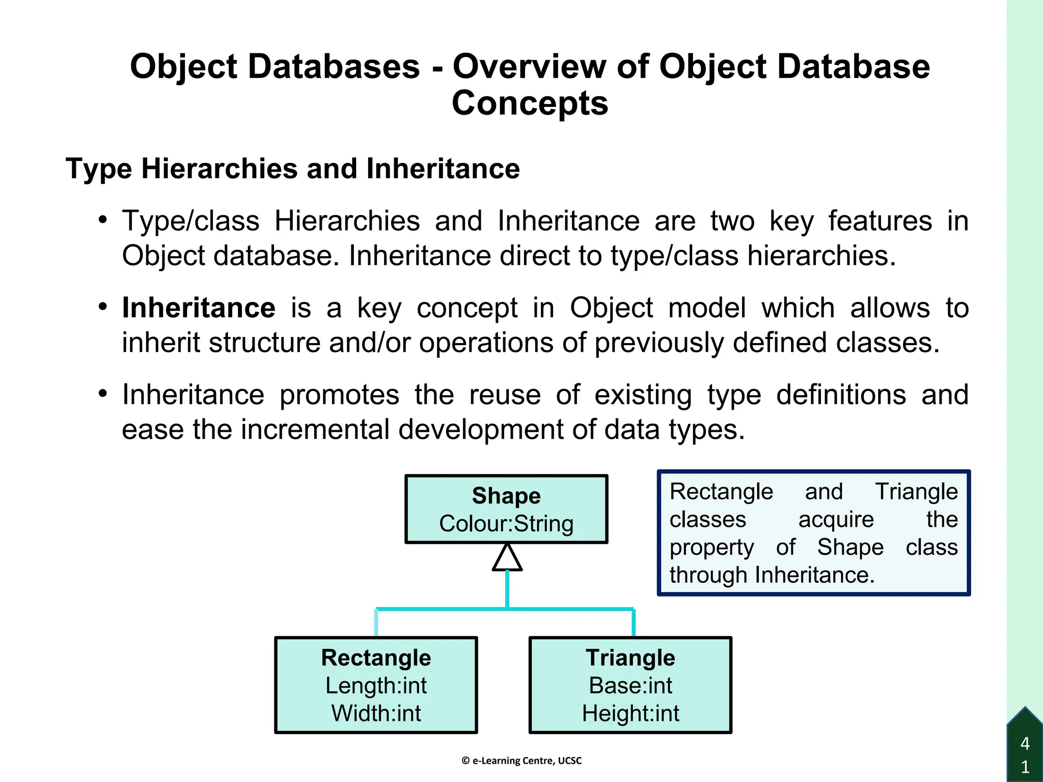 © e-Learning Centre, UCSC
Object Databases - Overview of Object Database
Concepts
Type Hierarchies and Inheritance
• Type/class Hierarchies and Inheritance are two key features in
Object database. Inheritance direct to type/class hierarchies.
• Inheritance is a key concept in Object model which allows to
inherit structure and/or operations of previously defined classes.
• Inheritance promotes the reuse of existing type definitions and
ease the incremental development of data types.
4
1
Shape
Colour:String
Rectangle
Length:int
Width:int
Triangle
Base:int
Height:int
Rectangle and Triangle
classes acquire the
property of Shape class
through Inheritance.
 