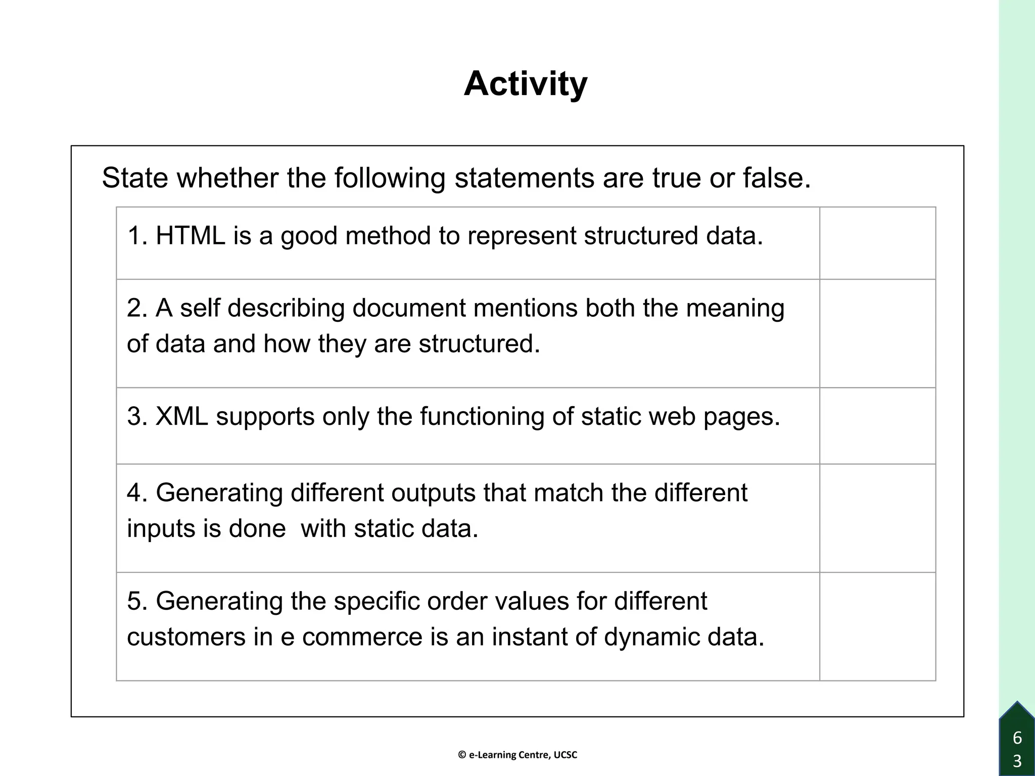 © e-Learning Centre, UCSC
Activity
State whether the following statements are true or false.
6
3
1. HTML is a good method to represent structured data.
2. A self describing document mentions both the meaning
of data and how they are structured.
3. XML supports only the functioning of static web pages.
4. Generating different outputs that match the different
inputs is done with static data.
5. Generating the specific order values for different
customers in e commerce is an instant of dynamic data.
 