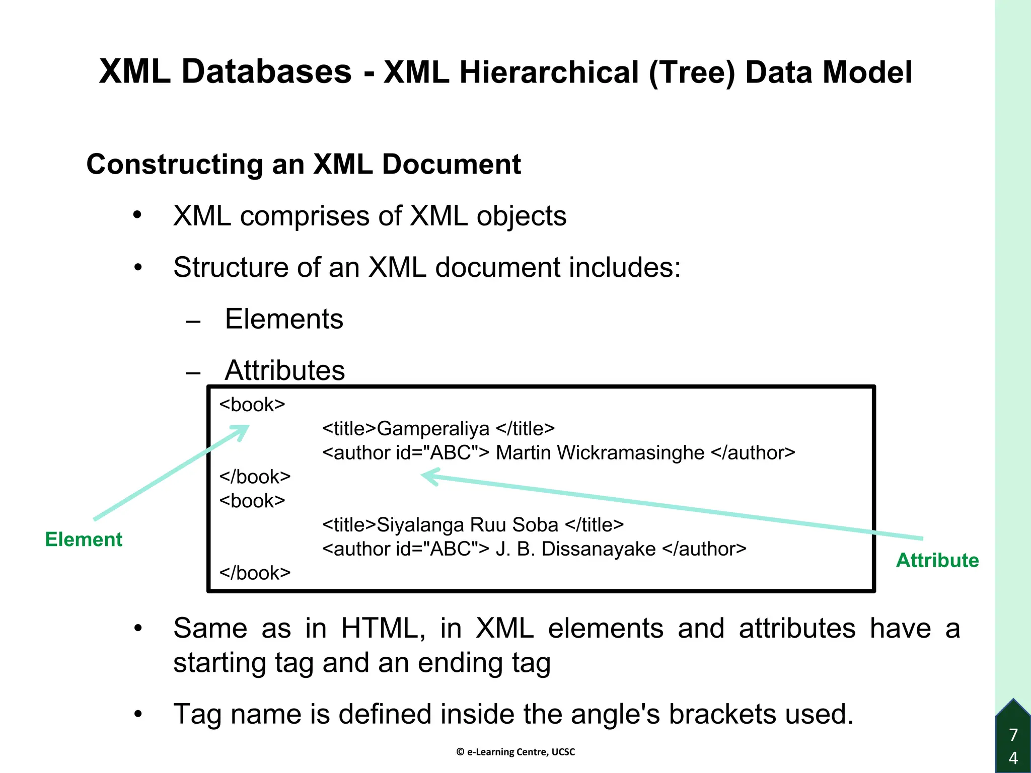 © e-Learning Centre, UCSC
7
4
XML Databases - XML Hierarchical (Tree) Data Model
Constructing an XML Document
• XML comprises of XML objects
• Structure of an XML document includes:
– Elements
– Attributes
• Same as in HTML, in XML elements and attributes have a
starting tag and an ending tag
• Tag name is defined inside the angle's brackets used.
<book>
<title>Gamperaliya </title>
<author id="ABC"> Martin Wickramasinghe </author>
</book>
<book>
<title>Siyalanga Ruu Soba </title>
<author id="ABC"> J. B. Dissanayake </author>
</book>
Attribute
Element
 