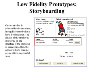 Low Fidelity Prototypes:
Storyboarding
Once a stroller is
selected by the customer,
its tag is scanned with a
hand-held scanner. The
details of the stroller is
displayed on the
interface if the scanning
is successful. Also, the
option buttons become
active after a successful
scan.
 