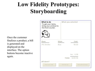 Low Fidelity Prototypes:
Storyboarding
Once the customer
finalizes a product, a bill
is generated and
displayed on the
interface. The option
buttons become inactive
again.
 