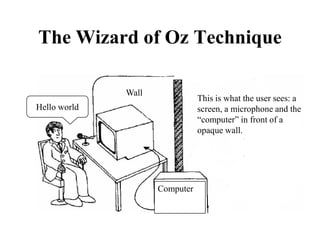 The Wizard of Oz Technique
Hello world
Computer
This is what the user sees: a
screen, a microphone and the
“computer” in front of a
opaque wall.
Wall
 