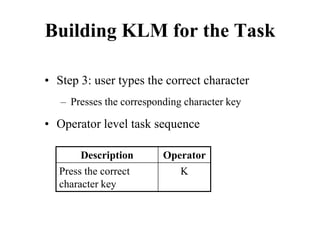 Building KLM for the Task
• Step 3: user types the correct character
– Presses the corresponding character key
• Operator level task sequence
Description Operator
Press the correct
character key
K
 