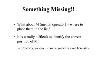 Something Missing!!
• What about M (mental operator) – where to
place them in the list?
• It is usually difficult to identify the correct
position of M
– However, we can use some guidelines and heuristics
 