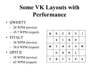 Some VK Layouts with
Performance
• QWERTY
– 28 WPM (novice)
– 45.7 WPM (expert)
• FITALY
– 36 WPM (novice)
– 58.8 WPM (expert)
• OPTI II
– 38 WPM (novice)
– 62 WPM (expert)
 