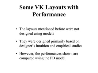 Some VK Layouts with
Performance
• The layouts mentioned before were not
designed using models
• They were designed primarily based on
designer’s intuition and empirical studies
• However, the performances shown are
computed using the FD model
 