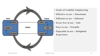 2 February 2023 40
• Goals of Usability Engineering
• Effective to use − Functional
• Efficient to use − Efficient
• Error free in use − Safe
• Easy to use − Friendly
• Enjoyable in use − Delightful
Experience
Meghana Pujar
 