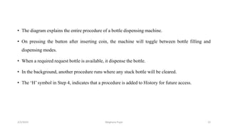 • The diagram explains the entire procedure of a bottle dispensing machine.
• On pressing the button after inserting coin, the machine will toggle between bottle filling and
dispensing modes.
• When a required request bottle is available, it dispense the bottle.
• In the background, another procedure runs where any stuck bottle will be cleared.
• The ‘H’ symbol in Step 4, indicates that a procedure is added to History for future access.
2/2/2023 22
Meghana Pujar
 