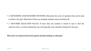 • 4. DETERMINE AND DESCRIBE METHODS. Determine the series of operators that can be used
to achieve the goal. Determine if there are multiple methods and record them all.
• 5. DESCRIBE SELECTION RULES. If more than one method is found in step 4, then the
selection rules, or which method the user will typically used, should be defined for the goal.
This tool is an advanced tool and requires formal training or education.
2/2/2023 35
Meghana Pujar
 