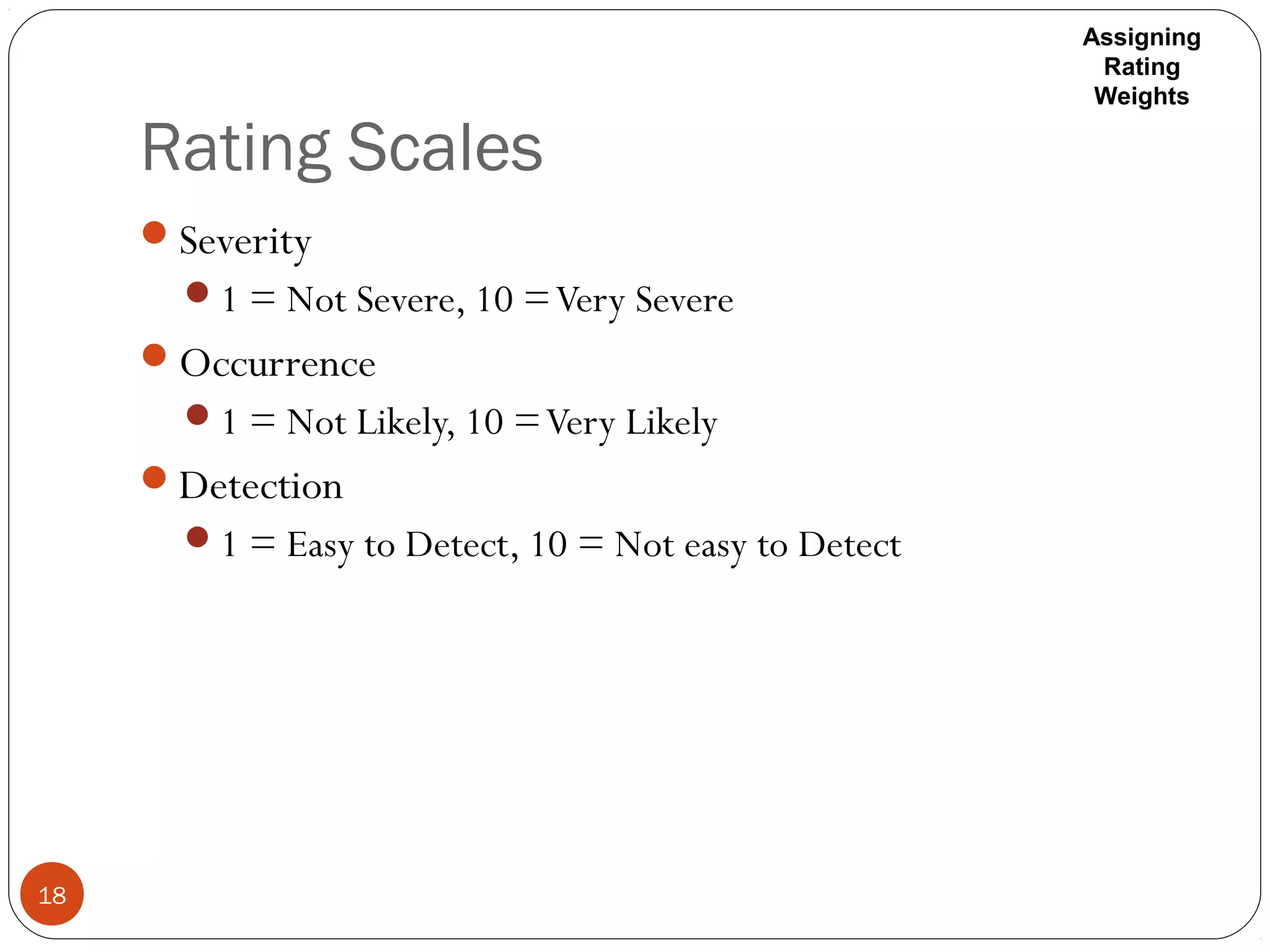 Rating Scales
18
Severity
1 = Not Severe, 10 =Very Severe
Occurrence
1 = Not Likely, 10 =Very Likely
Detection
1 = Easy to Detect, 10 = Not easy to Detect
Assigning
Rating
Weights
 