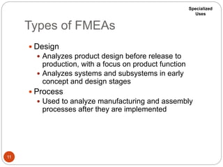 Types of FMEAs
11
 Design
 Analyzes product design before release to
production, with a focus on product function
 Analyzes systems and subsystems in early
concept and design stages
 Process
 Used to analyze manufacturing and assembly
processes after they are implemented
Specialized
Uses
 