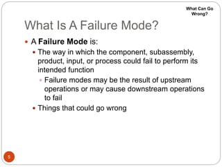 What Is A Failure Mode?
5
 A Failure Mode is:
 The way in which the component, subassembly,
product, input, or process could fail to perform its
intended function
 Failure modes may be the result of upstream
operations or may cause downstream operations
to fail
 Things that could go wrong
What Can Go
Wrong?
 