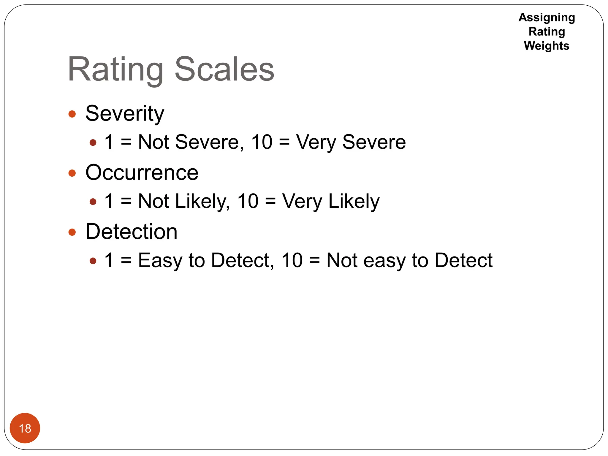 Rating Scales
18
 Severity
 1 = Not Severe, 10 = Very Severe
 Occurrence
 1 = Not Likely, 10 = Very Likely
 Detection
 1 = Easy to Detect, 10 = Not easy to Detect
Assigning
Rating
Weights
 
