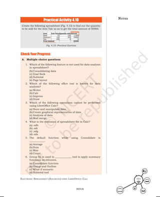 ElEctronic SprEadShEEt (advancEd) uSing librEofficE calc 101
A. Multiple choice questions
1. Which of the following feature is not used for data analysis
in spreadsheet?
(b) Consolidating data
(c) Goal Seek
(d) Subtotal
(e) Page layout
2. Which of the following office tool is known for data
analysis?
(a) Writer
(b) Calc
(c) Impress
(d) Draw
3. Which of the following operations cannot be performed
using LibreOffice Calc?
(a) Store and manipulate data
(b) Create graphical representation of data
(c) Analysis of data
(d) Mail merge
4. What is the extension of spreadsheet file in Calc?
(a) .odb
(b) .odt
(c) .odg
(d) .ods
5. The default function while using Consolidate is
____________.
(a) Average
(b) Sum
(c) Max
(d) Count
6. Group by is used in _____________ tool to apply summary
functions on columns.
(a) Consolidate function
(b) Group and Outline
(c) What-if scenario
(d) Subtotal tool
Create the following spreadsheet (Fig. 4.33) to find out the quantity
to be sold for the item Talc so as to get the total amount of 50000.
Fig. 4.33: Practical Exercise
Practical Activity 4.10 notes
Check Your Progress
2023-24
 