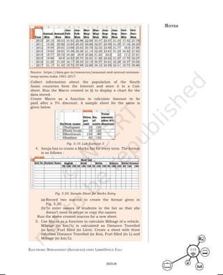 ElEctronic SprEadShEEt (advancEd) uSing librEofficE calc 115
notes
Source: https://data.gov.in/resources/seasonal-and-annual-minmax-
temp-series-india-1901-2017
Collect information about the population of the South
Asian countries form the Internet and store it in a Calc
sheet. Run the Macro created in (i) to display a chart for the
data stored.
Create Macro as a function to calculate Amount to be
paid after a 5% discount. A sample sheet for the same is
given below.
Fig. 5.19: Lab Exercise 5
4. Anuja has to create a Marks list for every term. The format
is as follows :
Fig. 5.20: Sample Sheet for Marks Entry
(a) Record two macros to create the format given in
Fig. 5.20.
(b) To enter names of students in the list so that she
doesn’t need to retype or copy the names
Run the above created macros for a new sheet.
5. Use Macro as a function to calculate Mileage of a vehicle.
Mileage (in km/L) is calculated as Distance Travelled
(in km)/ Fuel filled (in Litre). Create a sheet with three
columns Distance Travelled (in Km), Fuel filled (in L) and
Mileage (in km/L).
2023-24
 