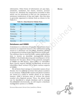 Database ManageMent systeM Using LibreOffice Writer 145
information. Other forms of information are pay-slips,
schedules, worksheet, bar charts, invoices, account
returns etc. Similarly the temperature recorded is data
which can be processed to find out the maximum or
minimum temperature of day and night. Also this data
is generally organised in tabular form as shown in the
Table 8.1.
Table 8.1: Data Stored in Tabular Form
Day Day Temperature Night Temperature
Sunday 35 15
Monday 37 17
Tuesday 36 16
Wednesday 34 15
Thursday 35 17
Friday 35 16
Saturday 33 14
Databases and DBMS
A database is a collection of logically related data items
stored in an organised manner. The information being
stored in a database can be added, modified, deleted
or displayed according to the requirements of the user.
The software that is used to create, update and retrieve
data is known as database management system
(DBMS). It facilitates planning and maintenance of the
database for the user. Some of the common examples
of DBMS are MS Access, Open Office or LibreOffice
Base, Oracle, Ingress, MySQL. In this book, we will use
LibreOffice Base version 6.4 to learn various aspects
of DBMS.
We all know that it is easy to remember names of our
friends, but it is difficult to retain their phone numbers
in our memory. If details like names and phone numbers
are stored in a diary or mobile phone in an orderly
manner, then it becomes easy to retrieve the phone
number of a required person. Thus, the phone book
can be considered a simple database and to manage
this database electronically, we will require a database
management system or a DBMS.
notes
2023-24
 