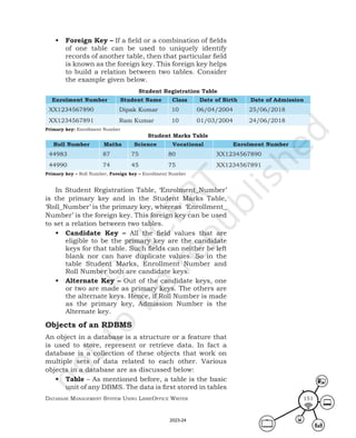 Database ManageMent systeM Using LibreOffice Writer 151
• Foreign Key – If a field or a combination of fields
of one table can be used to uniquely identify
records of another table, then that particular field
is known as the foreign key. This foreign key helps
to build a relation between two tables. Consider
the example given below.
In Student Registration Table, ‘Enrolment_Number’
is the primary key and in the Student Marks Table,
‘Roll_Number’ is the primary key, whereas ‘Enrollment_
Number’ is the foreign key. This foreign key can be used
to set a relation between two tables.
• Candidate Key – All the field values that are
eligible to be the primary key are the candidate
keys for that table. Such fields can neither be left
blank nor can have duplicate values. So in the
table Student Marks, Enrollment Number and
Roll Number both are candidate keys.
• Alternate Key – Out of the candidate keys, one
or two are made as primary keys. The others are
the alternate keys. Hence, if Roll Number is made
as the primary key, Admission Number is the
Alternate key.
Objects of an RDBMS
An object in a database is a structure or a feature that
is used to store, represent or retrieve data. In fact a
database is a collection of these objects that work on
multiple sets of data related to each other. Various
objects in a database are as discussed below:
• Table – As mentioned before, a table is the basic
unit of any DBMS. The data is first stored in tables
Student Registration Table
Enrolment Number Student Name Class Date of Birth Date of Admission
XX1234567890 Dipak Kumar 10 06/04/2004 25/06/2018
XX1234567891 Ram Kumar 10 01/03/2004 24/06/2018
Primary key: Enrollment Number
Student Marks Table
Roll Number Maths Science Vocational Enrolment Number
44983 87 75 80 XX1234567890
44990 74 45 75 XX1234567891
Primary key – Roll Number, Foreign key – Enrollment Number
2023-24
 