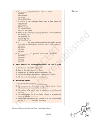 Database ManageMent systeM Using LibreOffice Writer 155
6. A __________ is represented as rows in a table.
(a) field
(b) attribute
(c) record
(d) candidate key
7. In which of the following forms can a data value be
represented?
(a) Numeric
(b) Character
(c) Alphanumeric
(d) All of the above
8. Which of the following uniquely identifies a row in a table?
(a) Primary key
(b) Alternate key
(c) Foreign key
(d) Candidate key
9. A ___________is a feature of a database using which we can
enter data in a table in an easy and user friendly manner.
(a) query
(b) report
(c) form
(d) field
10. A _____________ is a question asked from a database.
(a) query
(b) report
(c) form
(d) field
B. State whether the following statements are True or False
1. A database cannot be organised.
2. Data is the collection of raw facts.
3. A table can be created without a primary key.
4. Two tables can be related in a network data model.
5. MS Access is an example of a database.
C. Fill in the blanks
1. The raw facts constitutes _____________.
2. An _____________ is a real world object about which
information is to be stored in a database
3. The output of a query may be displayed in the form of
________.
4. The data values for all the fields related to a person or
object is called a _________.
5. All the field values that are eligible to be the primary key
are the ___________ keys for that table
notes
2023-24
 