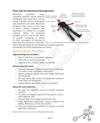 Maintain HealtHy, Safe and Secure Working environMent 255
First Aid for Electrical Emergencies
Electrical accidents cause
countless injuries. Injury could be
minimised and many lives can be
saved if proper rescue techniques
and treatment are used. Electrical
accidents may occur at any time
or place. Timely response and
treatment of victims is a major
concern. When an electrical
accident occurs, due to the effect
of muscle cramping, a victim
is often incapable of moving or
releasing the electrical conductor.
There should always be an emergency response plan for
scheduled electrical maintenance or work.
Electrical Rescue Techniques
Approaching the accident
• Never rush into an accident situation.
• Call 108 as soon as possible.
• Approach the accident place cautiously.
Examining the scene
• Visually examine victims to determine if they are
in contact with energised conductors.
• Metal surfaces, objects near the victim itself may
be energised.
• Do not touch the victim or conductive surfaces
while they are energised.
• Switch off the electrical circuits if possible.
Hazards and solutions
• Be alert for hazards, such as heated surfaces
and fire.
• In case you cannot switch off the power source,
take extreme care.
• Ensure that your hands and feet are dry.
• Wear protective equipment, such as gloves and
shoes. Stand on a clean dry surface.
• Use non-conductive material to remove a victim
from the conductor.
Fig. 15.4: An unconscious state because of an electrical shock
Restless or irritable,
Loss of consciousness,
possible convulsions
Exit Burn
Difficult breathing
or respiratory arrest
Muscle tenderness
and possible twitching
Paralysis
Irregular
heartbeat of
cardiac arrest
Swollen tongue may
obstruct airways
Vision Problems
Fracture
Bones
Entry
Burn
2023-24
 
