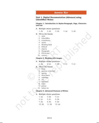 Answer Key
Unit 1. Digital Documentation (Advance) using
LibreOffice Writer
Chapter 1. Introduction to Styles-Paragraph, Page, Character
and List
A. Multiple choice questions
1. (b) 2. (d) 3. (b) 4. (a) 5. (d)
B. Fill in the blanks
1. style
2. LibreOffice
3. consistency
4. styles
5. Heading Style
6. Default
7. objects
8. Paragraph
9. Fill format
10. cannot
Chapter 2. Working with Images
A. Multiple choice questions
1. (a) 2. (a) 3. (d) 4. (c) 5. (c)
B. Fill in the blanks
1. Crop
2. gamma correction
3. ageing
4. Send Back
5. selecting
6. 25
7. reference
8. three
9. corner
10. before its
Chapter 3. Advanced Features of Writer
A. Multiple choice questions
1. (a) 2. (d) 3. (c)
4. (c) 5. (c) 6. (b)
7. (b) 8. (b) 9. (b)
10. (d) 11. (b) 12. (a)
2023-24
 