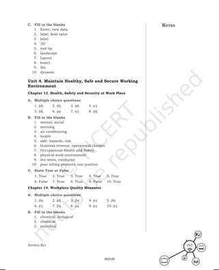 Answer Key 265
C. Fill in the blanks
1. Enter, view data
2. label, field value
3. label
4. 3D
5. tool tip
6. landscape
7. Layout
8. Insert
9. Six
10. dynamic
Unit 4. Maintain Healthy, Safe and Secure Working
Environment
Chapter 13. Health, Safety and Security at Work Place
A. Multiple choice questions
1. (d) 2. (b) 3. (d) 4. (c)
5. (d) 6. (a) 7. (c) 8. (d)
B. Fill in the blanks
1. mental, social
2. morning
3. air conditioning
4. health
5. safe, hazards, risk
6. business revenue, operational charges
7. Occupational Health and Safety
8. physical work environment
9. live wires, conductor
10. poor sitting postures, one position
C. State True or False
1. True 2. True 3. True 4. True 5. True
6. False 7. True 8. True 9. False 10. True
Chapter 14. Workplace Quality Measures
A. Multiple choice questions
1. (b) 2. (d) 3. (b) 4. (c) 5. (b)
6. (c) 7. (b) 8. (a) 9. (c) 10. (c)
B. Fill in the blanks
1. chemical, biological
2. chemical
3. microbial
notes
2023-24
 
