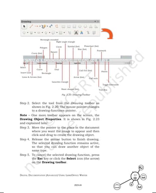Digital Documentation (aDvanceD) using libreoffice Writer 33
Step 2. Select the tool from the Drawing toolbar as
shown in Fig. 2.20. The mouse pointer changes
to a drawing-functions pointer.
Note – One more toolbar appears on the screen, the
Drawing Object Properties. It is shown in Fig. 2.23
and explained later.
Step 3. Move the pointer to the place in the document
where you want the image to appear and then
click-and-drag to create the drawing object.
Step 4. Release the mouse button to finish drawing.
The selected drawing function remains active,
so that you can draw another object of the
same type.
Step 5. To cancel the selected drawing function, press
the Esc key or click the Select icon (the arrow)
on the Drawing toolbar.
Select
Insert Line
Curve (list)
Polygon
Square
Circle Symbol (list)
Star (list)
Flowchart (list)
Fontwork
Right angle triangle
Rectangle rounded
Rectangle
Curve Oval
Lines & Arrows (list)
Isosceles triangle
Arrow (list)
Call Out (list)
Call outs
Points
Text Box
Toggle Extrusion
Basic shapes (list)
Fig. 2.20: Drawing Toolbar
2023-24
 