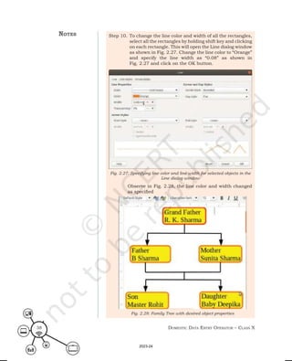 Domestic Data entry operator – class X
38
Step 10. To change the line color and width of all the rectangles,
select all the rectangles by holding shift key and clicking
on each rectangle. This will open the Line dialog window
as shown in Fig. 2.27. Change the line color to “Orange”
and specify the line width as “0.08” as shown in
Fig. 2.27 and click on the OK button.
Observe in Fig. 2.28, the line color and width changed
as specified
Fig. 2.27: Specifying line color and line width for selected objects in the
Line dialog window
Fig. 2.28: Family Tree with desired object properties
notes
2023-24
 